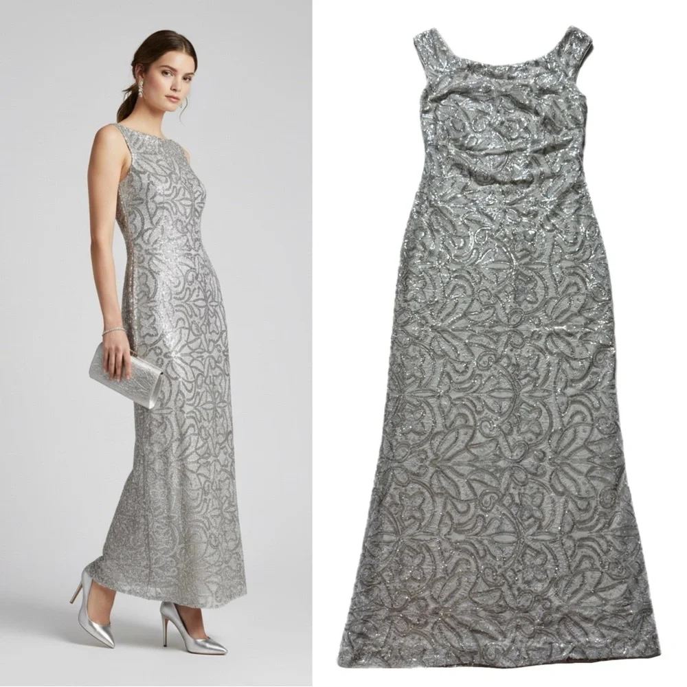 Lauren Ralph Lauren Silver Cream Sequin Full Length Gown Maxi Dress 10 Festive - Picture 1 of 9